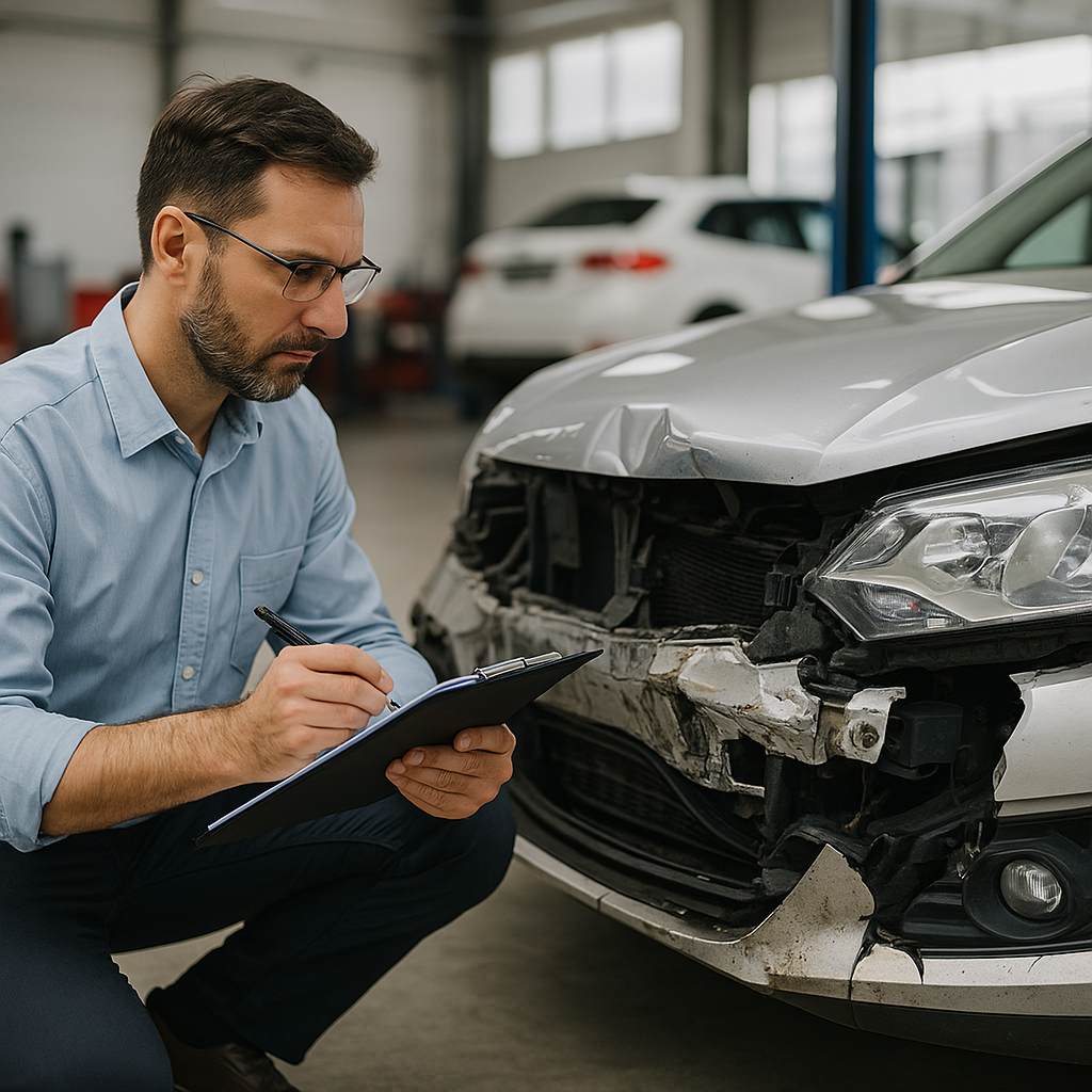 Evaluator auto inspectând o mașină avariată pentru constatare daună RCA