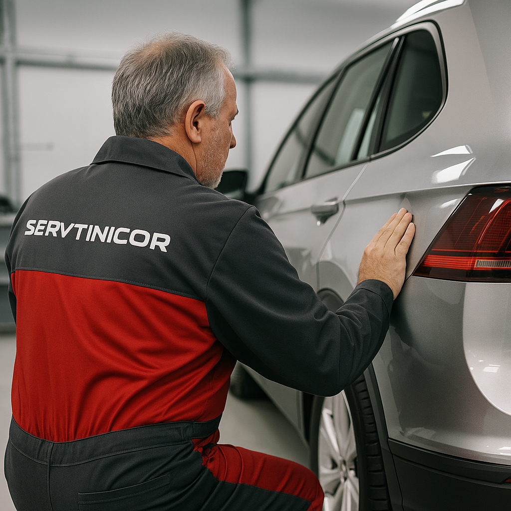 Mecanic Servtinicor verificând caroserie îndoită pentru reparație RCA