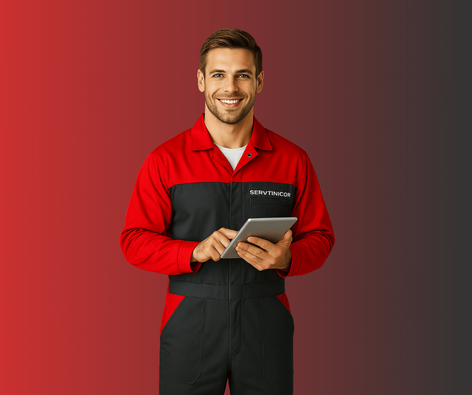 ehnician auto Servtinicor în salopetă personalizată, poză profesională pe fundal roșu